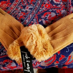 Beige, Fleece smart phone friendly, socialite gloves with faux fur cuff- SO SOFT